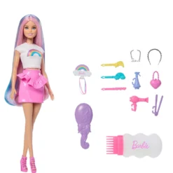 Barbie Muñeca Mechas Arcoíris con Melena Extralarga y 12 Accesorios para Peinarla