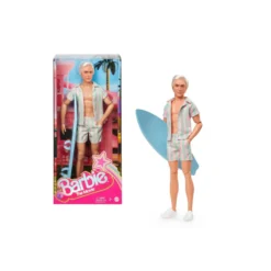 Barbie The Movie Muñeco Ken con Conjunto de Playa a Rayas Rosa y Verde Pastel, Tabla de Surf y Zapatillas