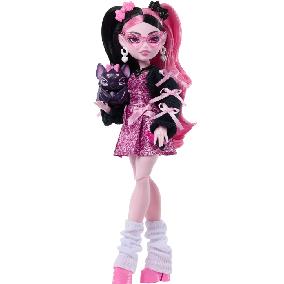 Monster High Muñeca Draculaura con Vestido con Lazos, Murciélago Mascota Count Fabulous y 7 Accesorios