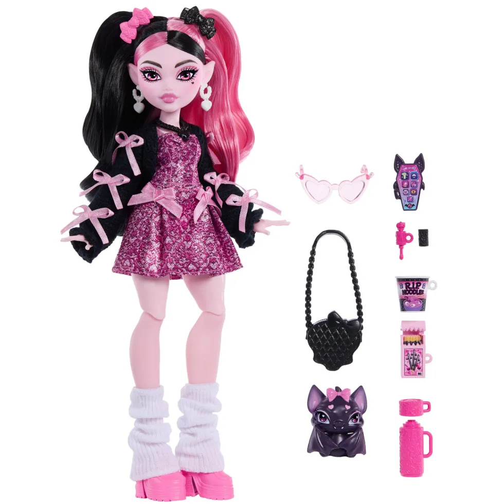 Monster High Muñeca Draculaura con Vestido con Lazos, Murciélago Mascota Count Fabulous y 7 Accesorios