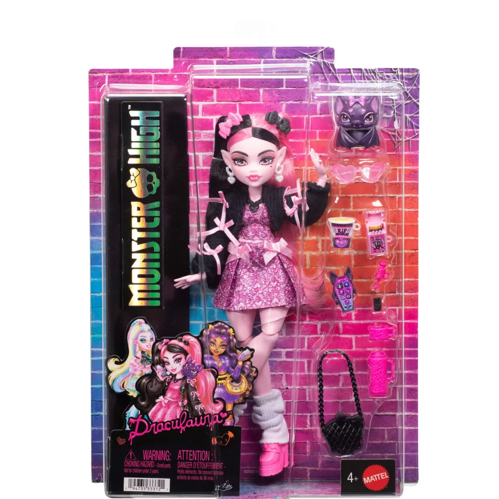 Monster High Muñeca Draculaura con Vestido con Lazos, Murciélago Mascota Count Fabulous y 7 Accesorios