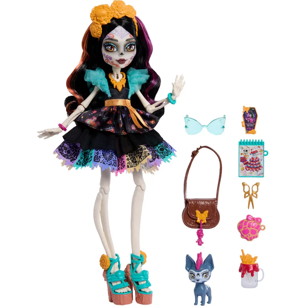 Monster High Muñeca Skelita Calaveras con Mascota Candelita y 7 Accesorios