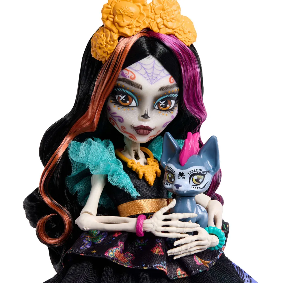 Monster High Muñeca Skelita Calaveras con Mascota Candelita y 7 Accesorios