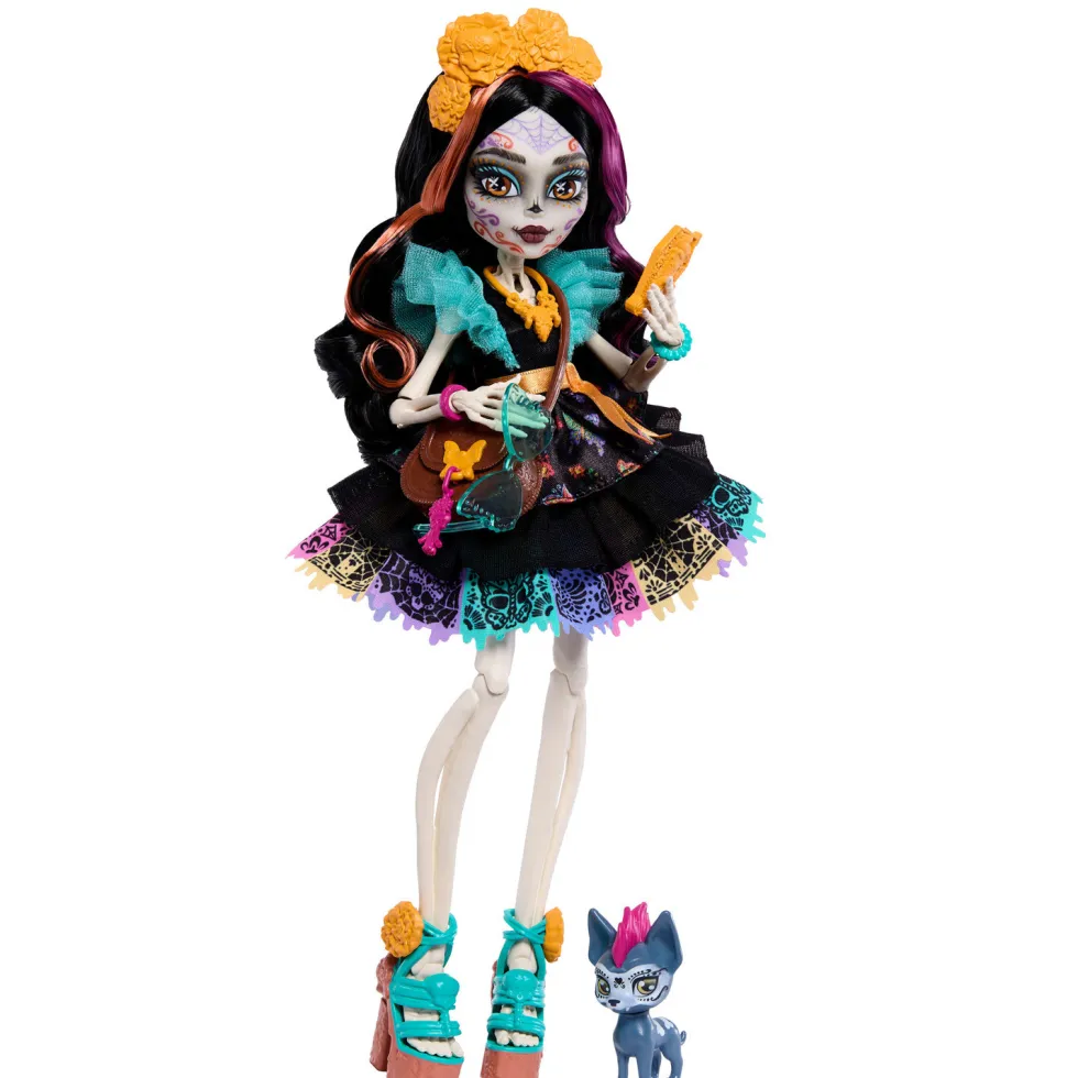 Monster High Muñeca Skelita Calaveras con Mascota Candelita y 7 Accesorios