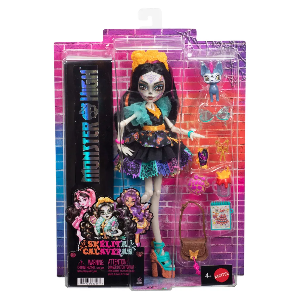 Monster High Muñeca Skelita Calaveras con Mascota Candelita y 7 Accesorios