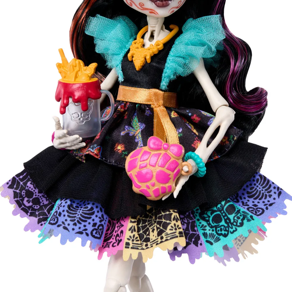 Monster High Muñeca Skelita Calaveras con Mascota Candelita y 7 Accesorios