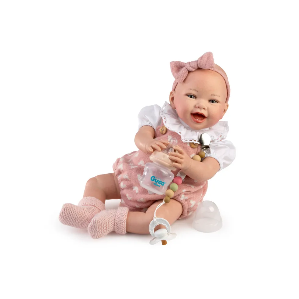 Muñecas Guca Bebé Reborn Abril con Pelele de Lana con Corazones, Camisa Blanca y Biberón
