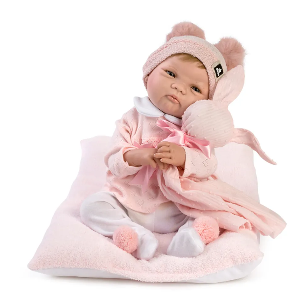 Muñecas Guca Bebé Reborn Alba Pelo Natural con Polaina Blancca y Jersey de Lana Rosa con Dudú y Cojín