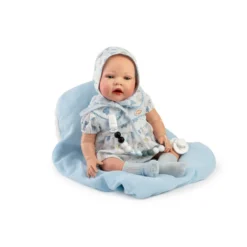 Muñecas Guca Bebé Reborn Alexis con Pelele Blanco y Azul, Capota, Calcetines y Mantita