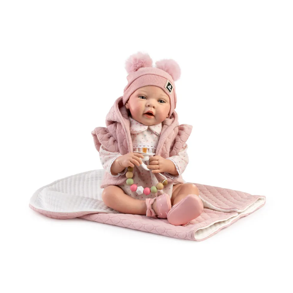 Muñecas Guca Bebé Reborn Candela Pelele Rosa con Chaleco, Gorro y Mantita