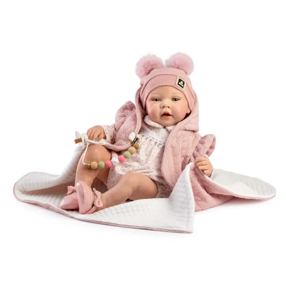 Muñecas Guca Bebé Reborn Candela Pelele Rosa con Chaleco, Gorro y Mantita