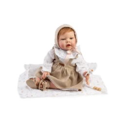 Muñecas Guca Bebé Reborn Ginebra Pintado a Mano con Pelo Natural, con Vestido de Paño Beig, Chupete y Muselina